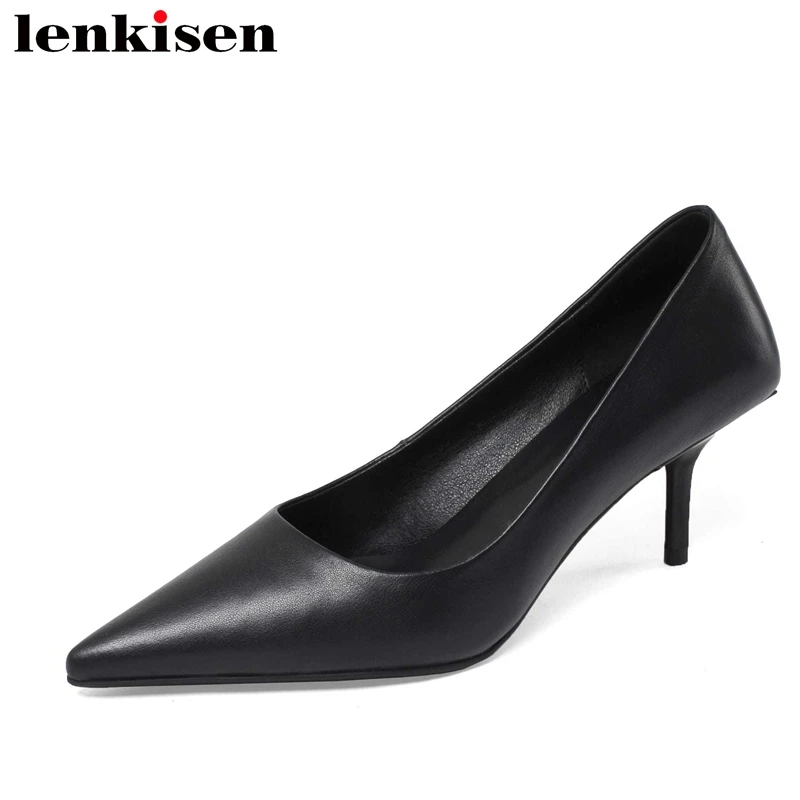 

Lenkisen full grain leather high street fashion solidcolor pointed toe thin high heel modern slip on office lady shiny pumps L36