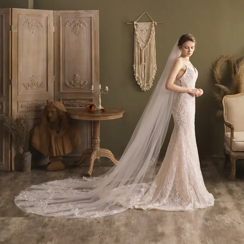 

MYFEIVO White Color Lace Bridal Veil Long Church Wedding Trailing Bridal Veil 250x300cm HQ1370