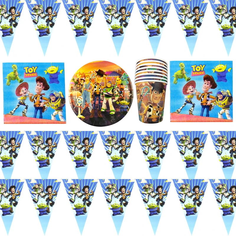 

Happy Birthday Party Bunting Buzz Lightyear Napkins Plates Cups Woody Flags Toy Story Theme Banner Decorate Supplies 80pcs/lot