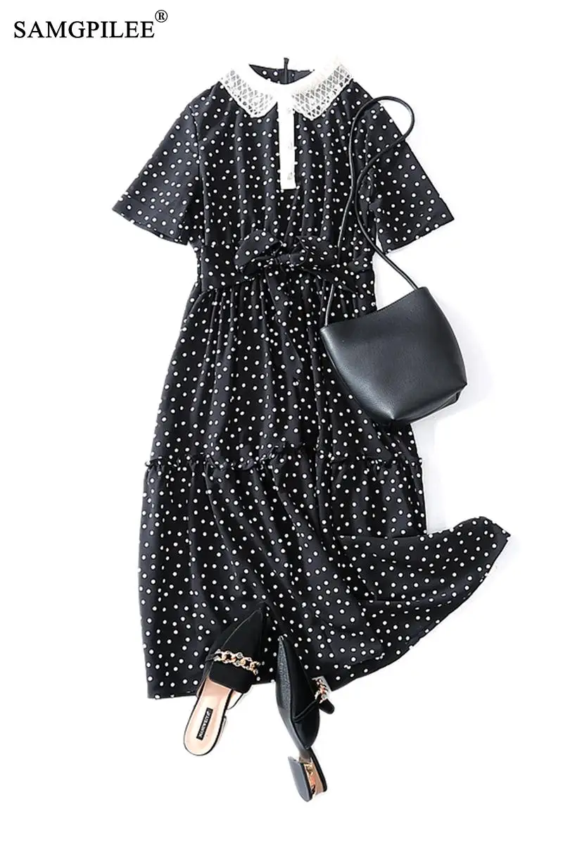 

Summer Dress For Women Casual A-line Dot Short Sleeve Sashes Plus Size Dress Empire Turn-down Collar Maxi Dresses For Women 3XL