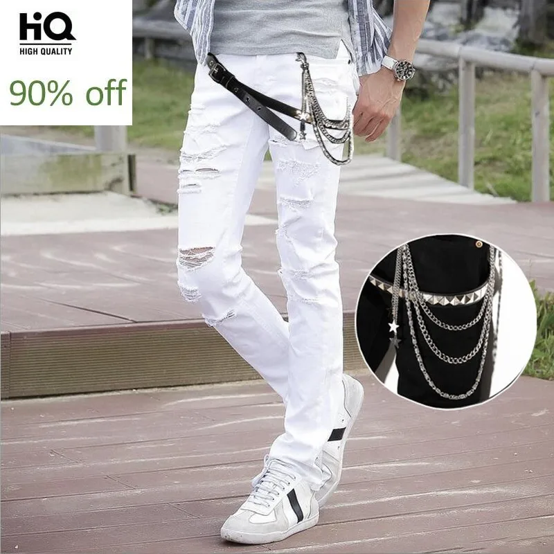 Мужские джинсовые брюки в стиле панк с заклепками и цепочкой Длинные облегающие