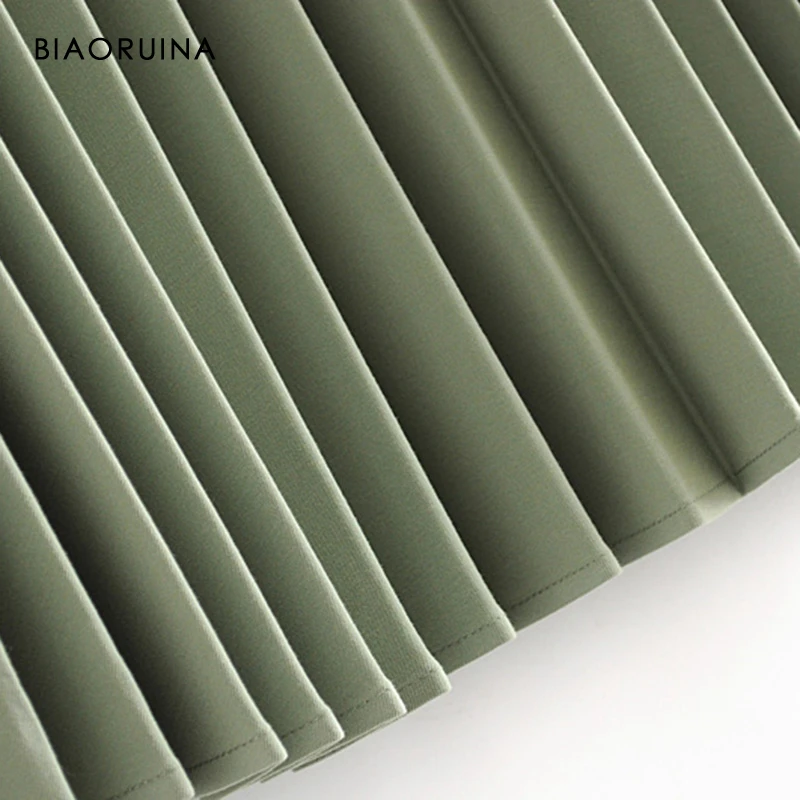 

BIAORUINA 3 Colors Women's Solid Casual Pleated Mid-calf Skirt Female High Waist Fashion All-match Skirt Side Zippers