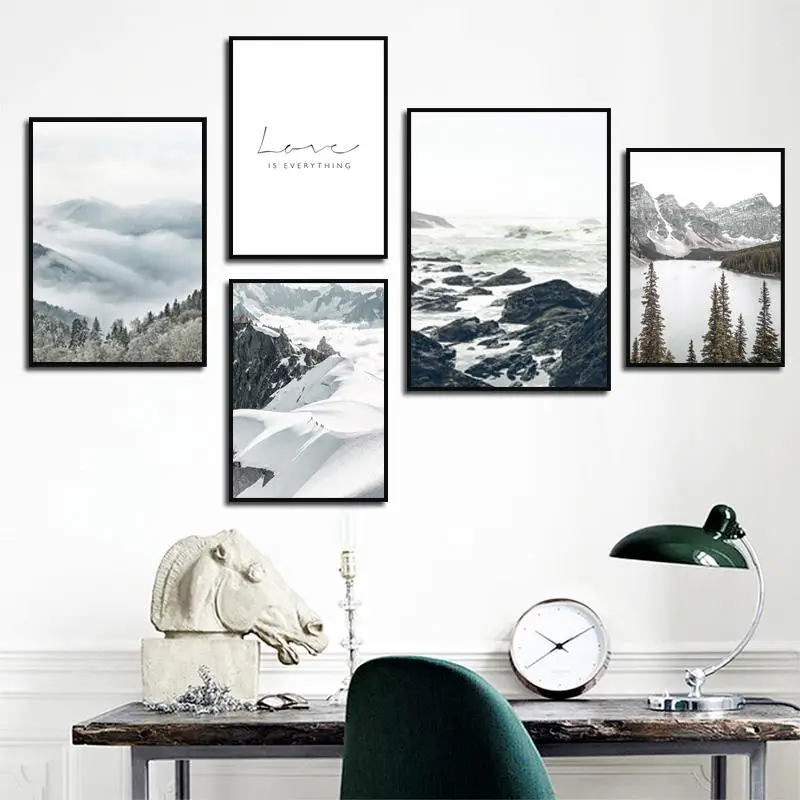 Пейзаж настенное искусство туман риф снег гора озеро сосна лес холст живопись