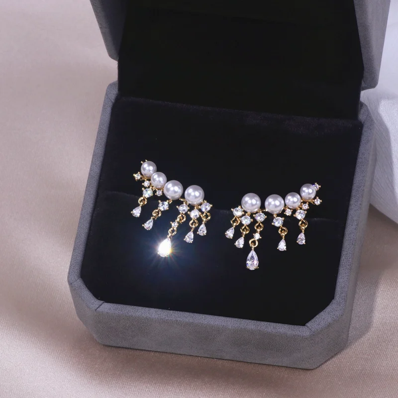 Buy 2020 New Elegant Pearl Tassel Drop Earrings For Women Fashion Korean Style Zircon Crystal Brincos Wedding Jewelry Gifts on