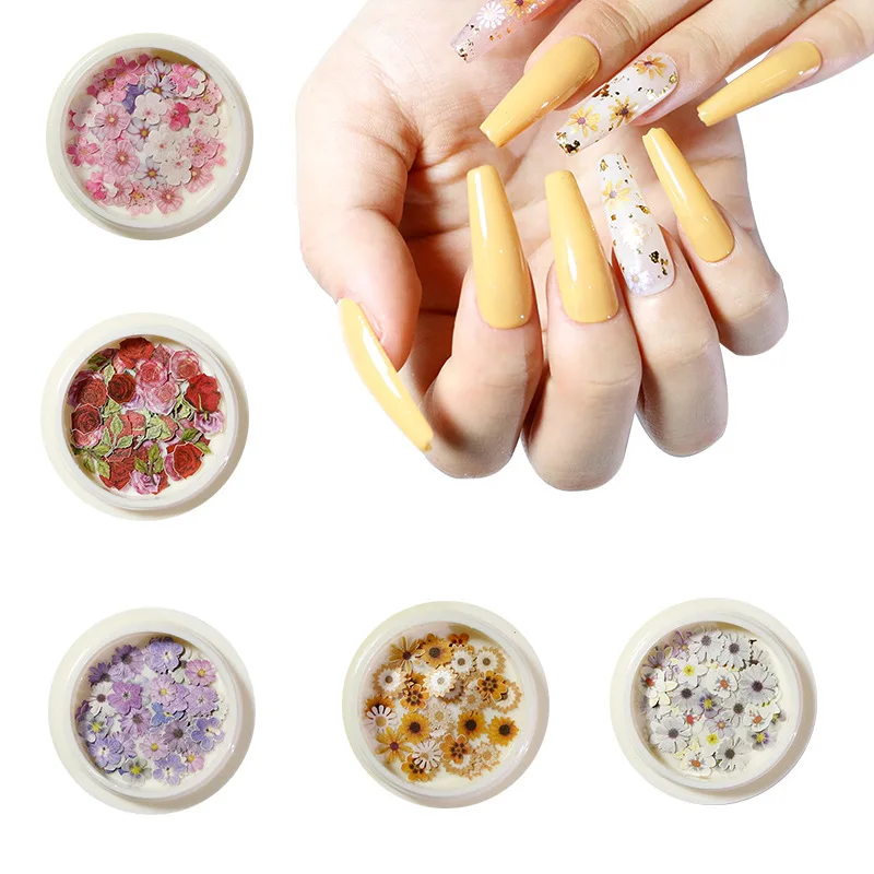 

50 pieces/box Dried Flowers Nail Art Decorations Colorful Natural Dry Flower wood pulp Stickers UV Gel Manicure Decals