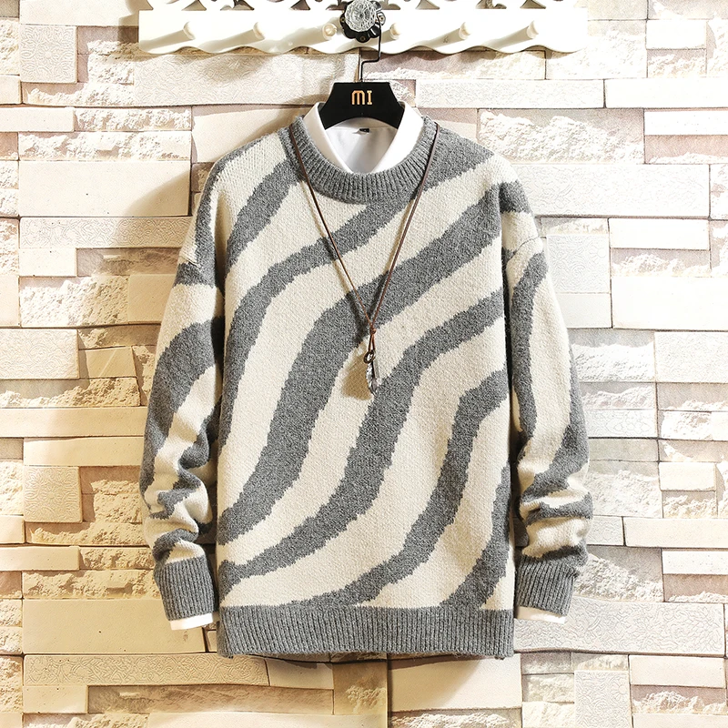 

2020 New Sweaters Men'S Striped Black Long Sleeves Autumn Winter Pullover Knitted O-Neck Plus OverSize 5XL