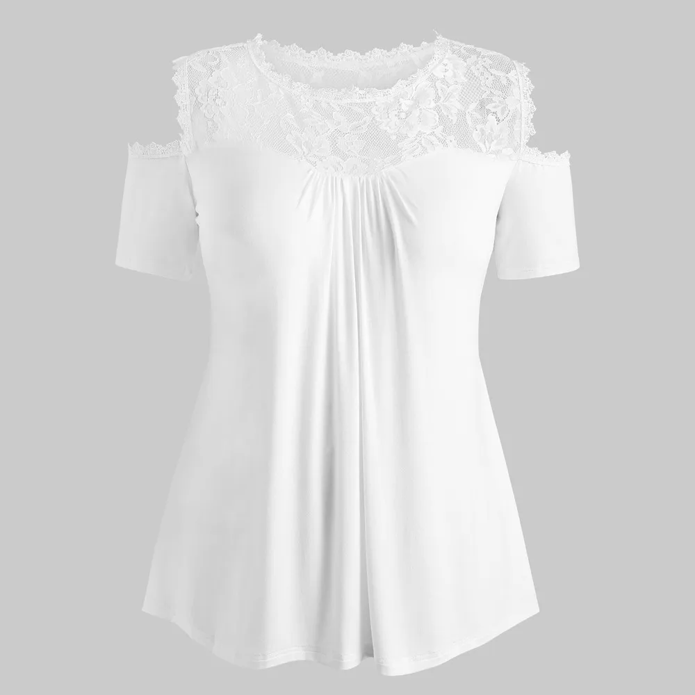

2021 Tees Women T Shirt Solid Color T-shirt Casual Off Shoulder Short Sleeve Cotton Tops Summer Female Lace Shirts Tops Blouses