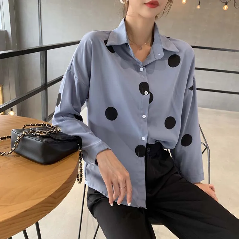 

Women Polka Dot Spring Chiffon Blouse Female Chic Shirt Korean Style Simple Casual Lapel Long Sleeve Tops and Blouses Drop New