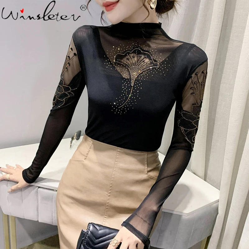 

Осенне-зимняя европейская одежда, благородная футболка, модные, сексуальные, лоскутные, сетчатые, блестящие, элегантные женские топы, женск...