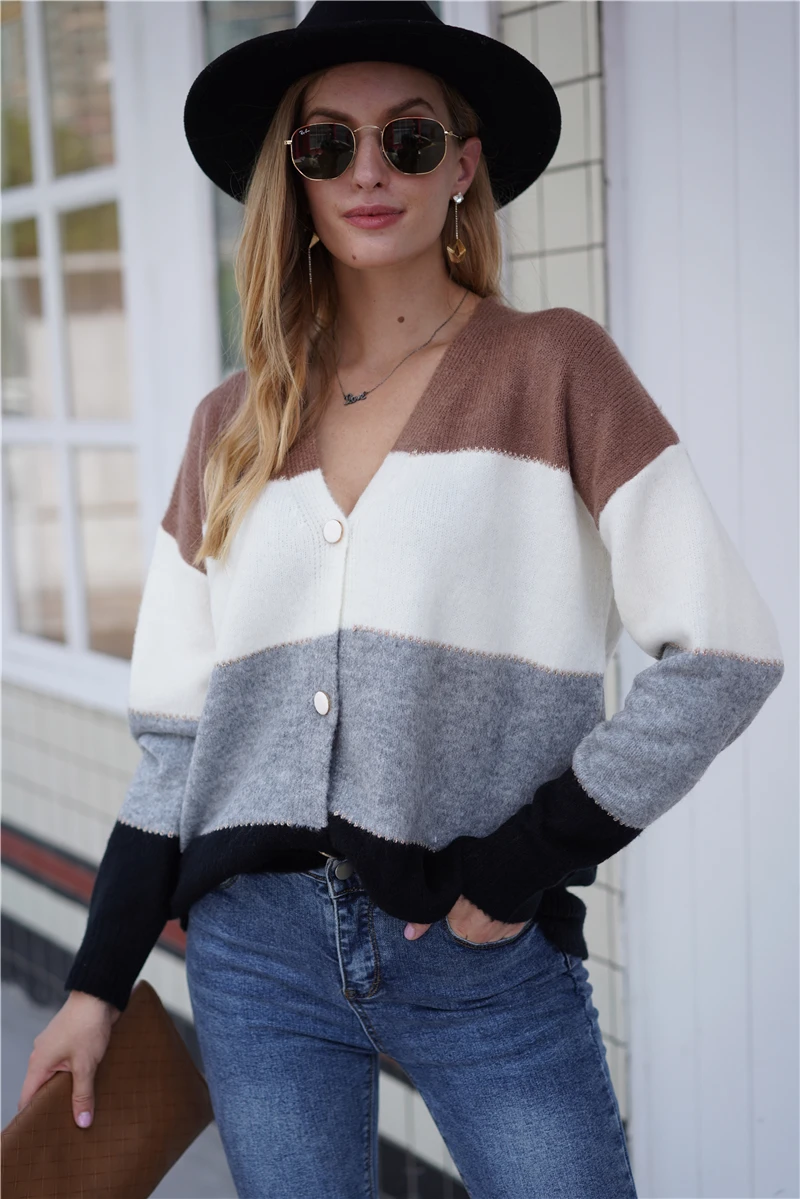 

2021 Winter Knitted Striped Women's Sweater Cardigan Long Sleeve V-neck Female Sweaters Loose Casual Fashion Ladies Cardigan