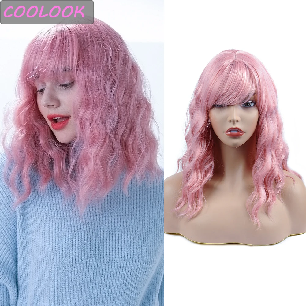 

14inch Pink Short Bob Wavy Wigs for Black Women Natural Wave Lolita Wig with Bangs Synthetic Female False Hair Daily Cosplay Wig