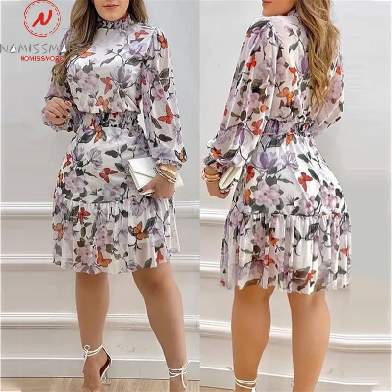 

Women Flower Print A-Line Dress for Streetwear Patchwork Design Ruffles Decor High Collar Long Sleeve Elastic Waist Slim Dress