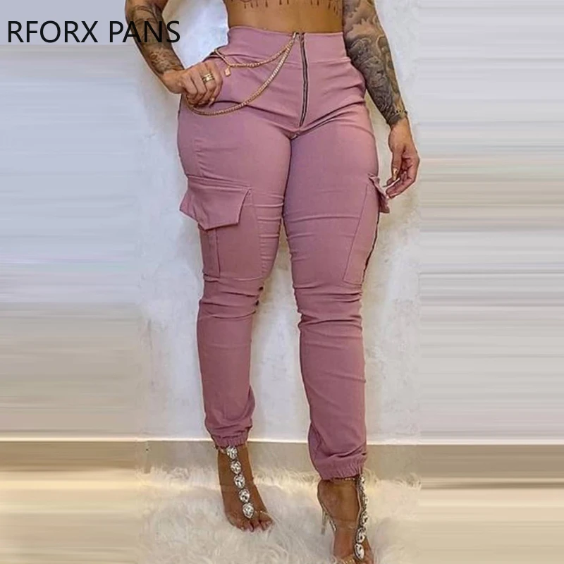 

Women Solid Casual High waist Chain Zipper Pocket Skinny Pants