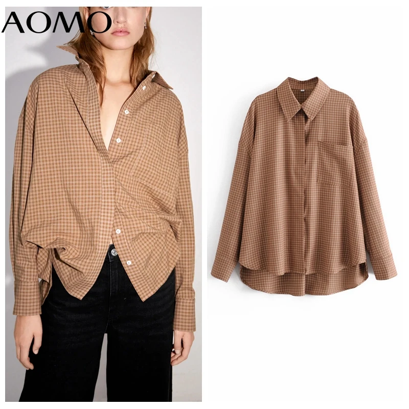 

AOMO Women Vintage Oversized Plaid Print Shirt Long Sleeve 2021 Chic Female High Street Loose Shirt JE239A