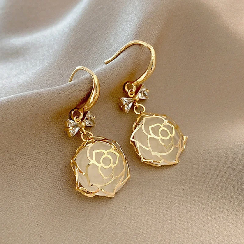 

Kpop New Charm Temperament Rose Flower Opal High Sense Bow stud Earrings Elegant Sweet Beauty Style Jewelry