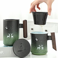 ceramic retro coffee cup office home couple water cup filter tea cup with cover cups and mugs wooden handle caneca birthday gift