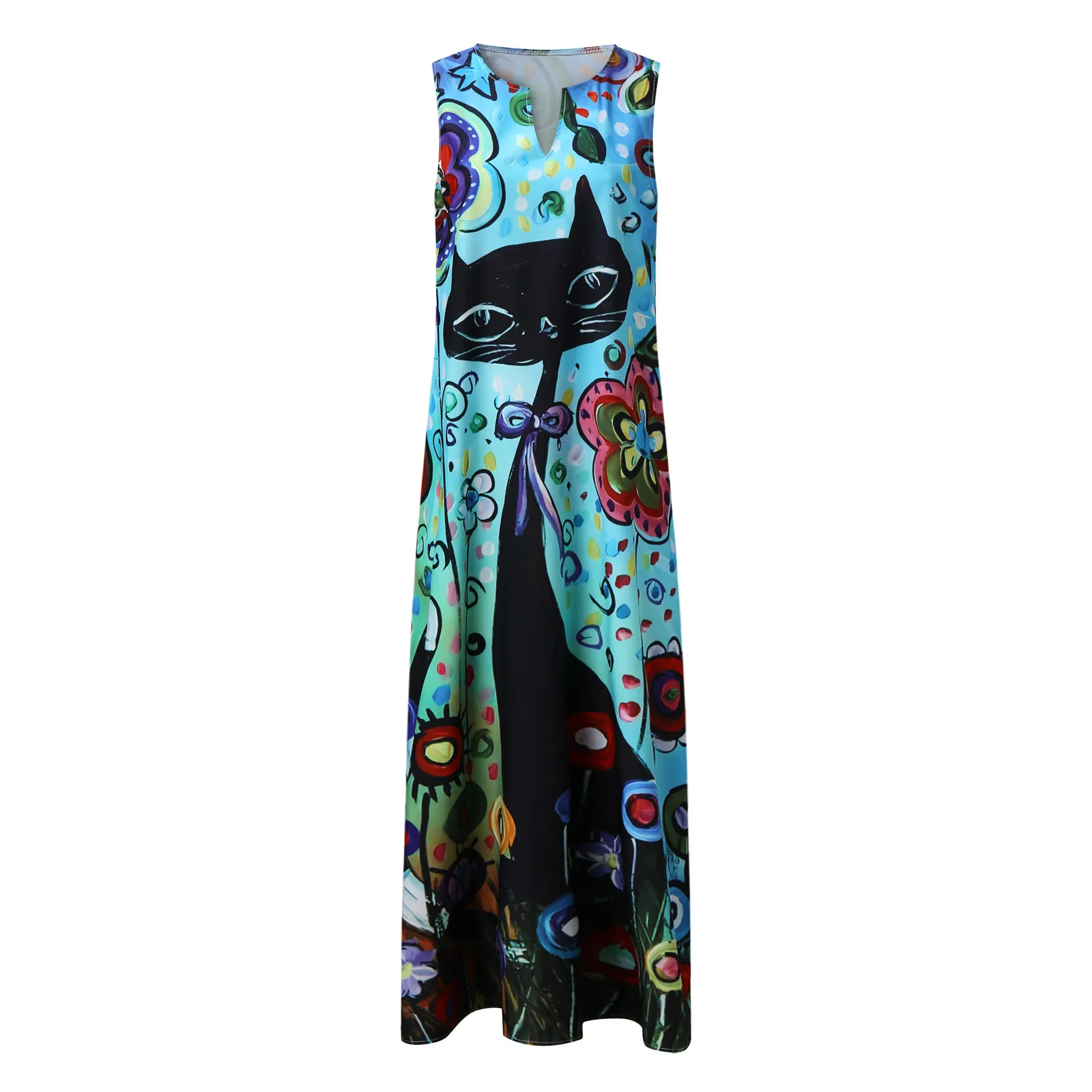 

2021 Fashion Print Summer Dress Casual Sexy Boho Beach Dresses Women Party Dress V-neck Sleeveless Pocket Plus Size Long Dress