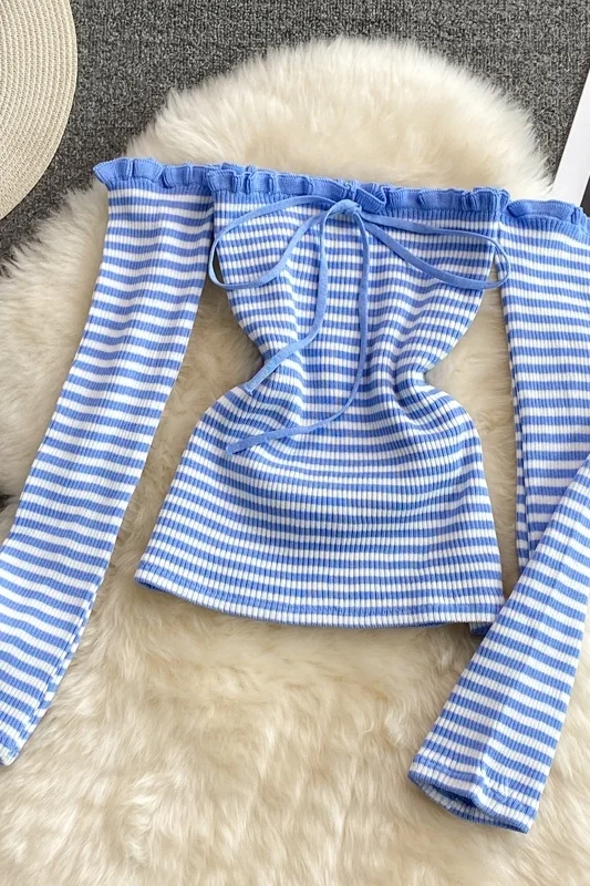 

Straight neck off shoulder striped knitted Strapless top women's summer new heart machine slim and leaky clavicle long sleeve