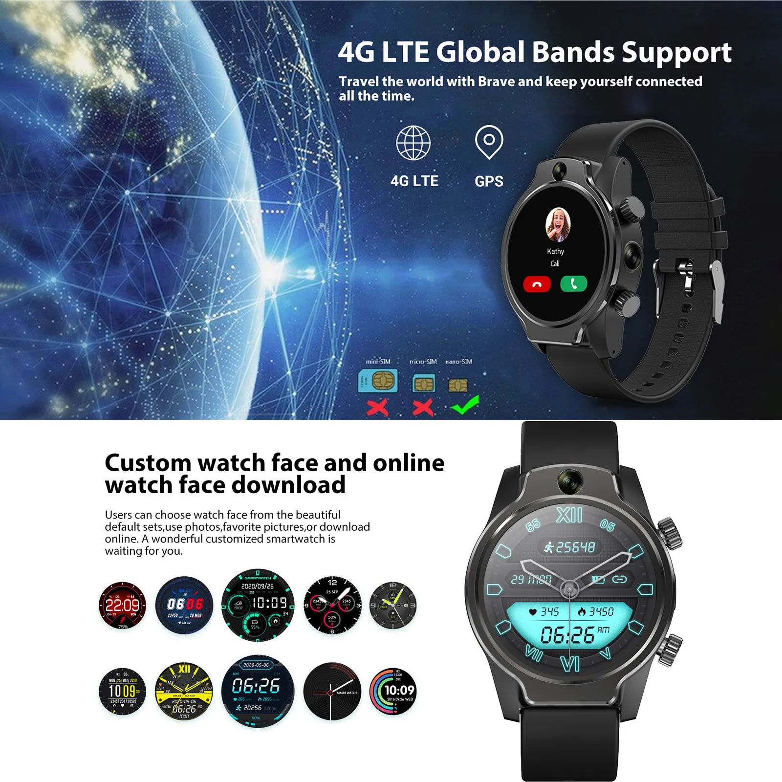 

Men Rogbid-Brave 4G LTE Smart Watch 1.69'' 3GB+32GB 1360mAh 8MP+8MP Cam Face Unlock 8MP Camera GPS WIFI IP68 50m Waterproof
