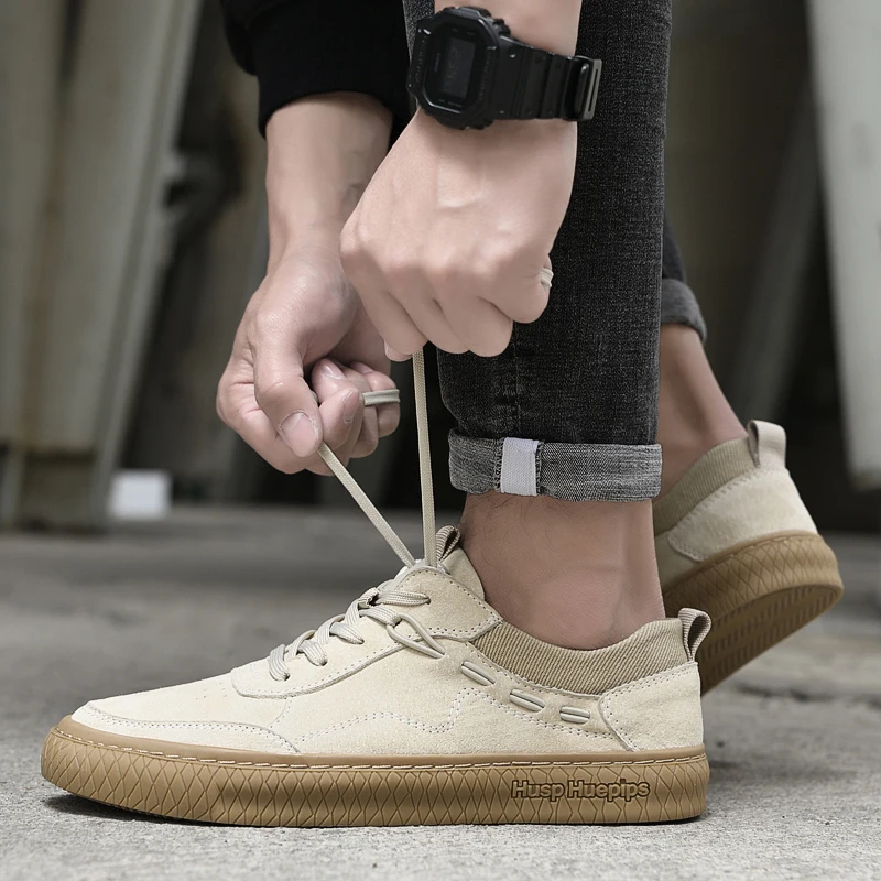 Online Sepatu Kasual Anak Laki-laki Populer Sneakers Kasual Pria Kulit Krem Sepatu Flat Kualitas Tinggi Merek Pria Sepatu Jalan Pria