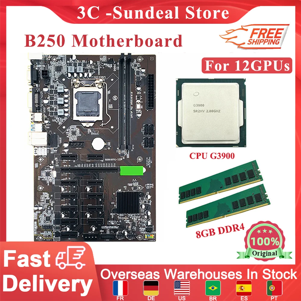 

B250 Mining Motherboard For LGA 1151 With G3900 CPU 12 PCI-E GPU Slot Minier Board 8/16 GB 2133MHZ DDR4 Memory Module Mining Set