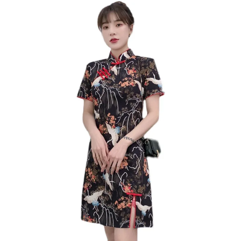 

Guochao Retro Crane Printed Dress Summer New Daily Improvement Slim Cheongsam