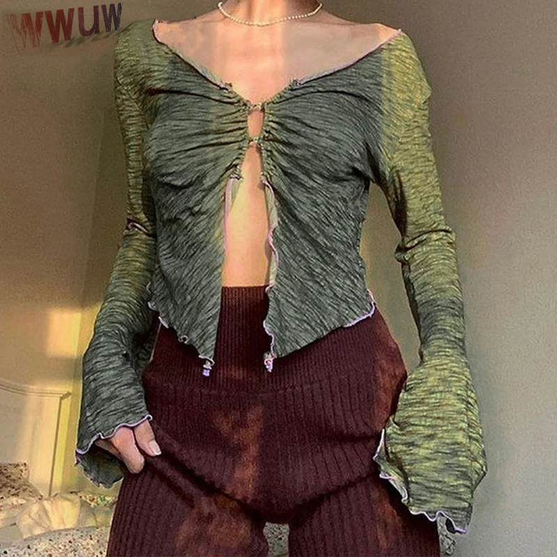 

Autumn 90s Aesthetics Ruffles Button Green T-Shirts Y2K Fairy Grunge V-neck Flare Sleeve Ruched Slit Crop Tops Sexy Tee Vintage