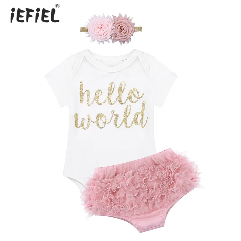 

2020 Infant Baby Girl Romper Hello World Outfit New Born Baby Clothes Short Sleeves Romper with Bloomers Headband Set SZ 3-18 M