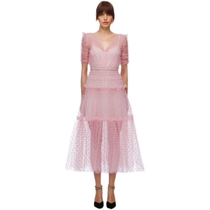 

V-Neck Pink Polka Dot Long Dress Women Short Sleeve Summer Party Dress Vintage Backless Sexy Mesh Dress Ruffles Sweet C012