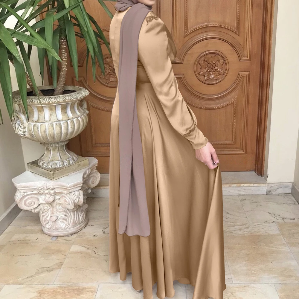 Beading Muslim Dress Fit and Flare Thick Satin Hijab Robe Islam Clothing Dubai Turkish Women Modesty Ramadan Party Abaya Kaftan