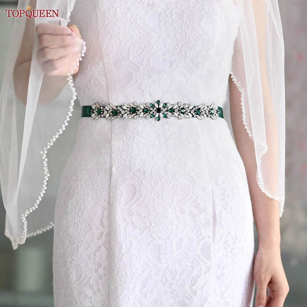 TOPQUEEN S476-G Green Rhinestone Jewel Bride Belt Wedding Women's Ladies Dress Gown Sash for Formal Bridesmaid Bridal Applique images - 6