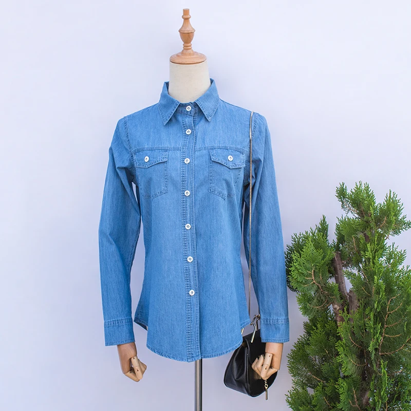 Женская рубашка с длинным рукавом Повседневная синяя джинсовая карманами весна