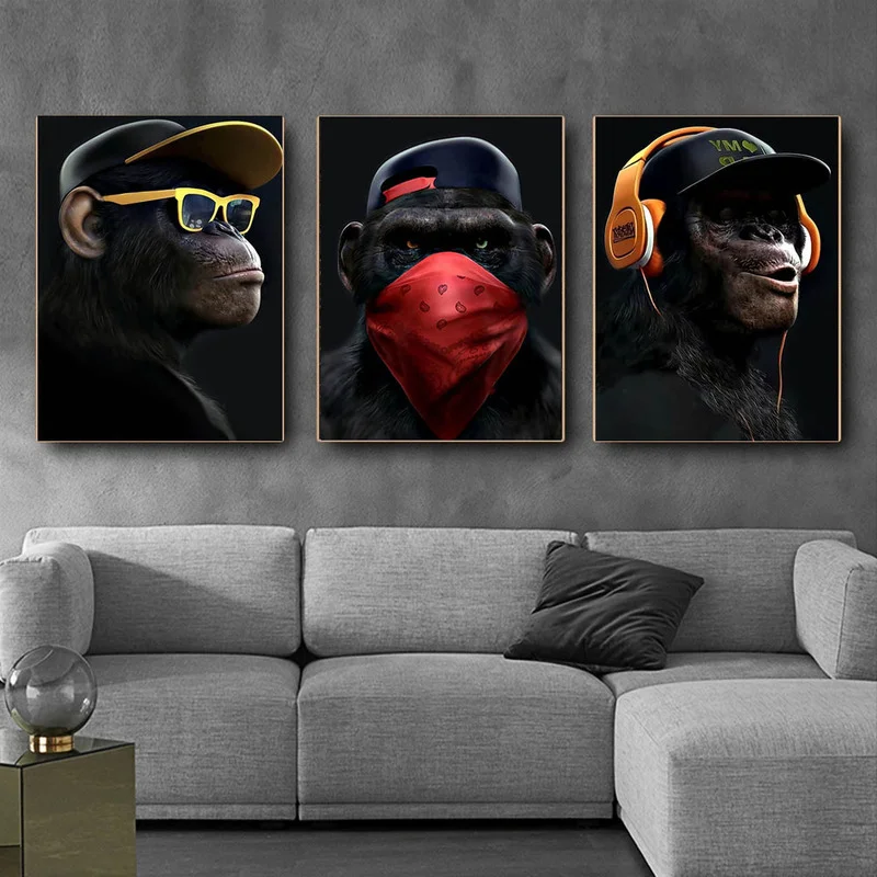 Наушники очки Горилла обезьяна Забавный плакат Художественная печать на холсте