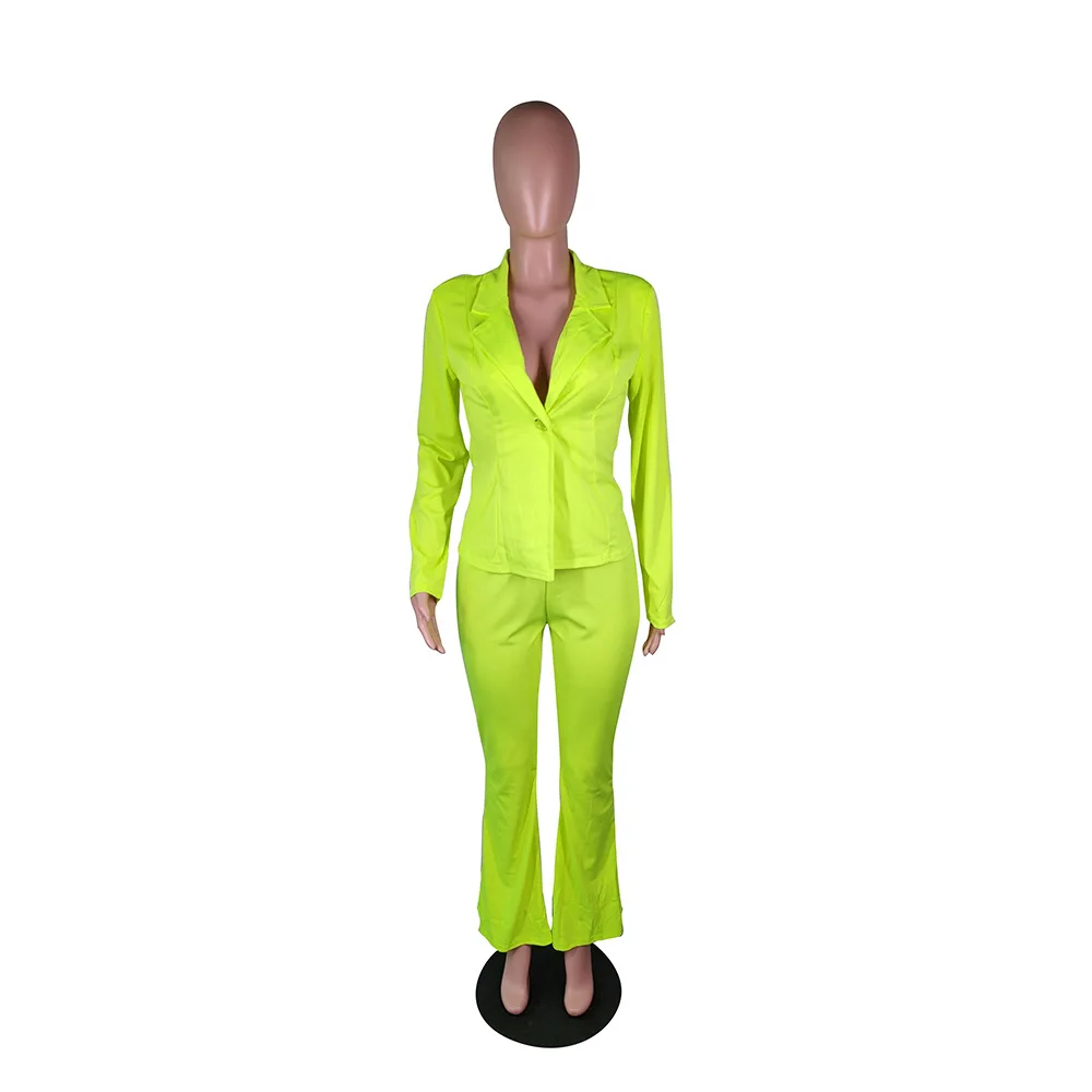 

2019 New Design Women Matching Sets Single Button Full Sleeve Suit Coat With Pants Outfits Pink Neon Green Club Sexy Rompers