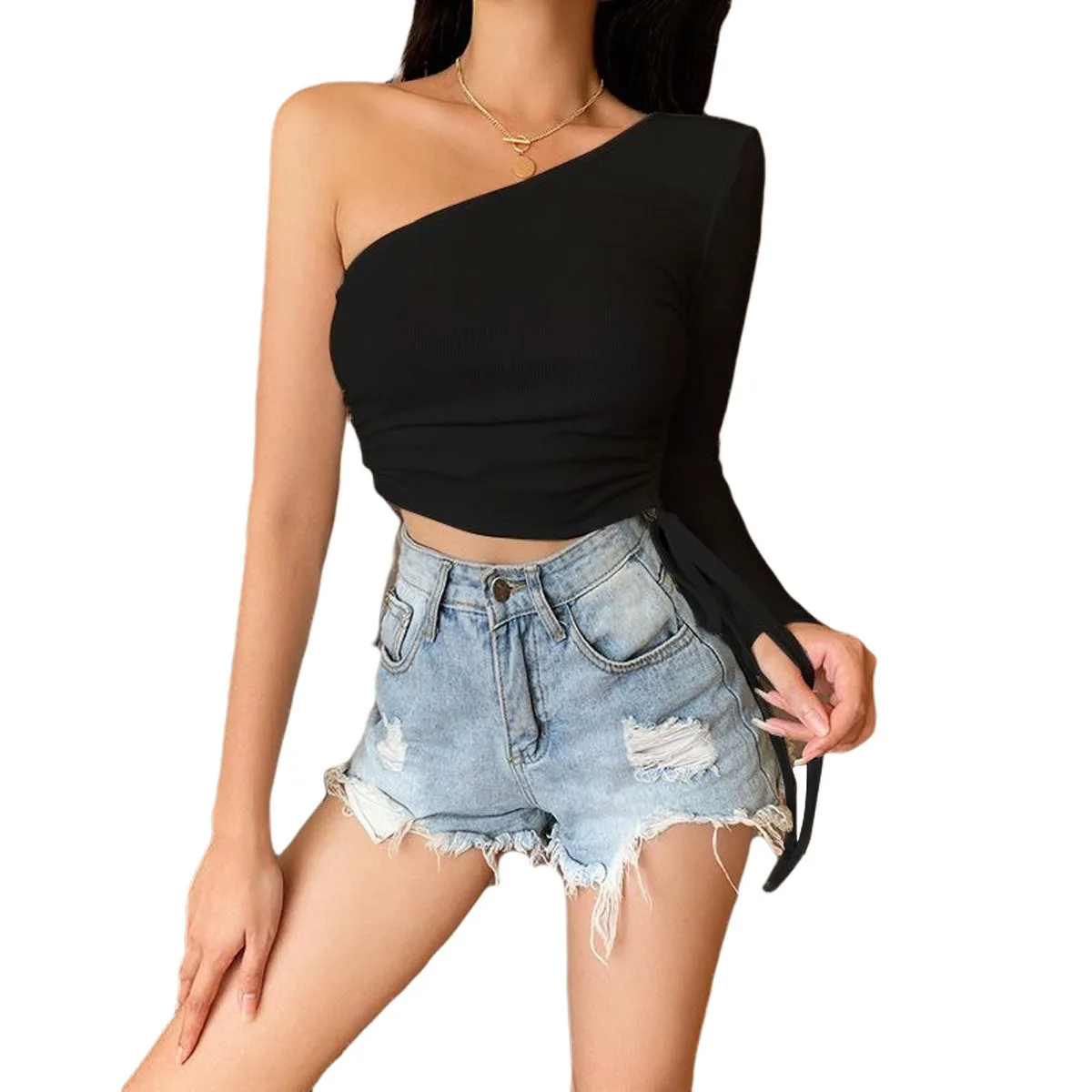 

Woman's Sexy Solid Color Single-shoulder T-shirt Long Sleeve Pleated Slim Midriff-baring Top with Drawstring