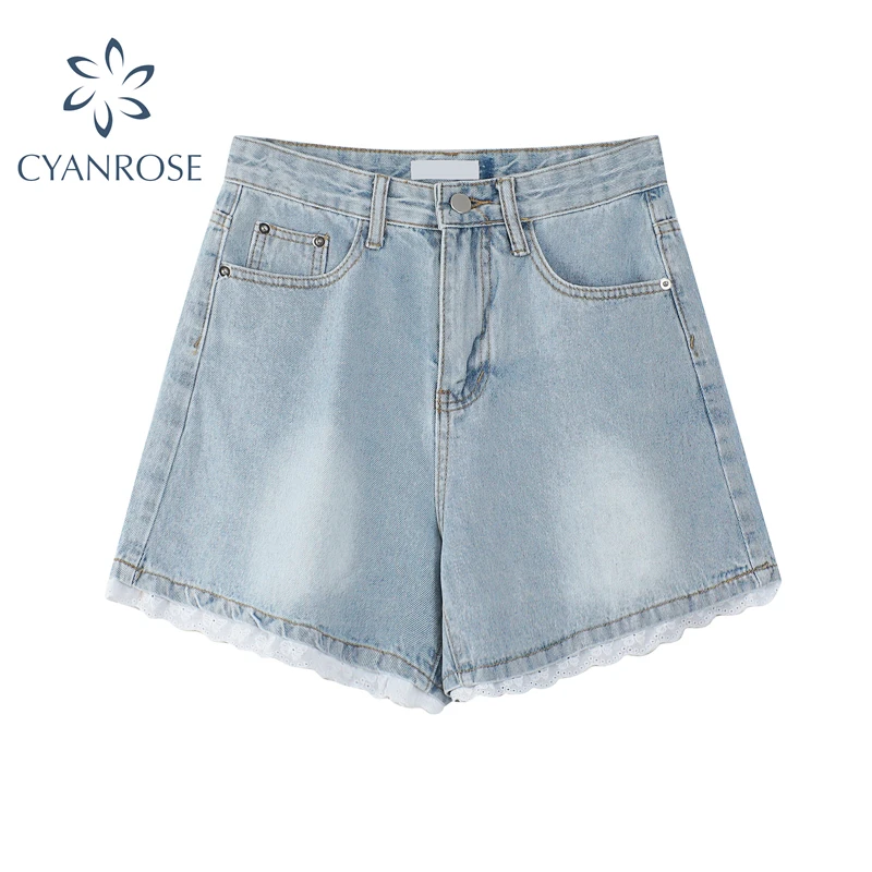 

Summer Fashion Korean Sweet Wide Leg Jeans Short Women Casual Harajuku High Waist Straight Lace Edge Female Denim Short Trousers
