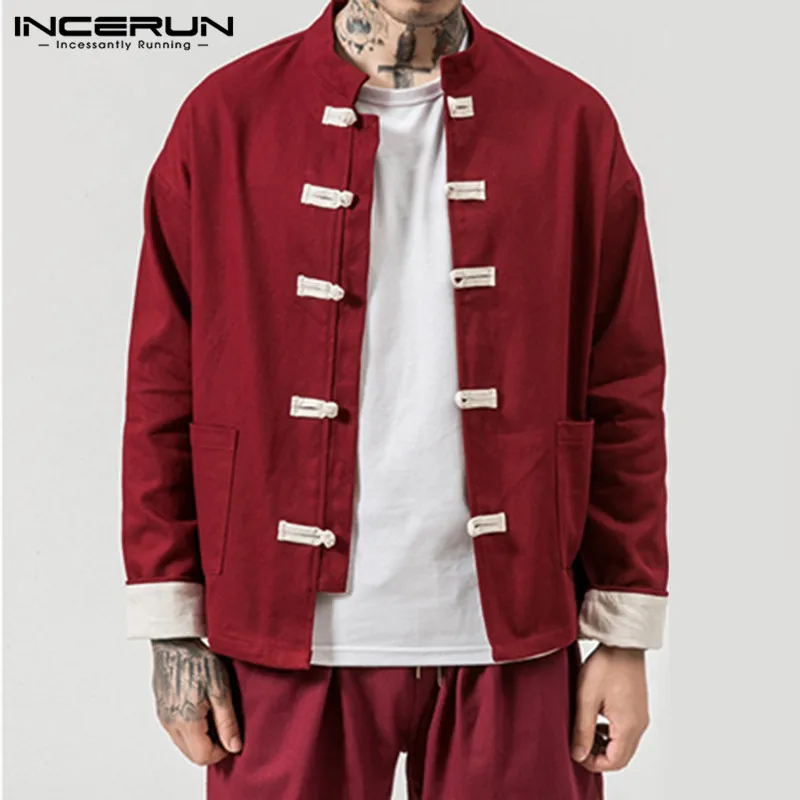 

INCERUN Men Vintage Solid Color Shirts Button Up Blouse Long Sleeve Stand Collar Streetwear Camisa Man Chinese Style Tops S-3XL