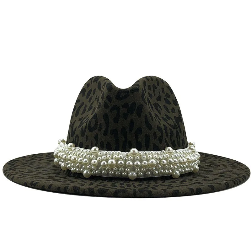 

Women Men Wool Felt Leopard Print Fedora Hat With Pearl Ribbon Gentleman Elegant Winter Autumn Wide Brim Church Panama Jazz Cap