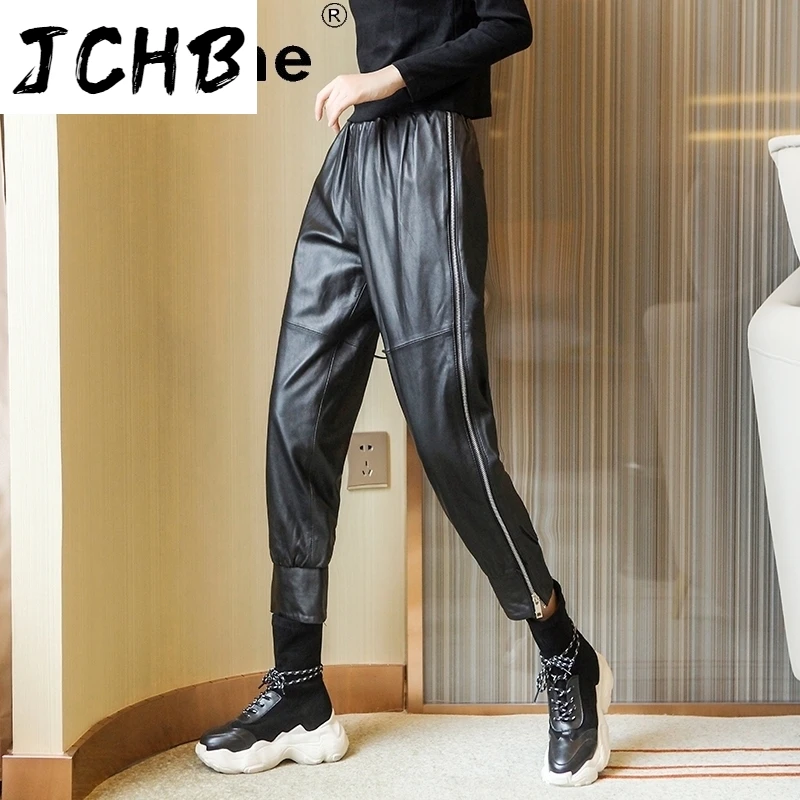 Verkauf SHZQJCHB Streetwear Frauen Hosen Echtem Leder Hosen Frau Echt Schaffell Breite Bein Hosen Oversize Stil Frau Hosen TN1309