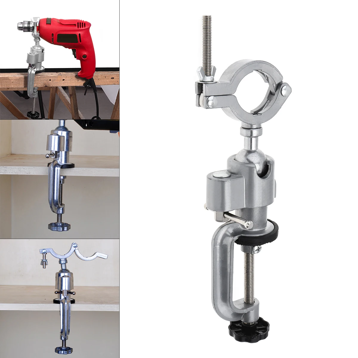 Universal 270x90mm Silver 360 Degree Clamp-On Grinder Bench Holder Vise Electric Drill Stand Bracket Rotating Tool