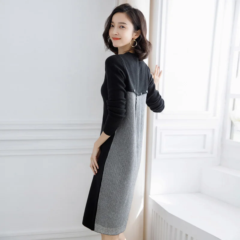 Новое поступление женский зимний осенний шерстяной свитер платье с пуговицами
