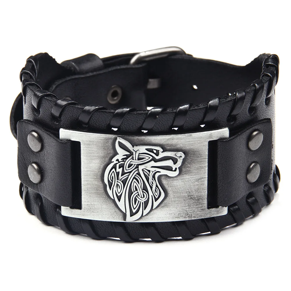 

Viking Bracelet Men's Northern Europe Vintage Wolf Head Punk Accessories Genuine Leather Bangles Luxury Jewelry Classic Gift