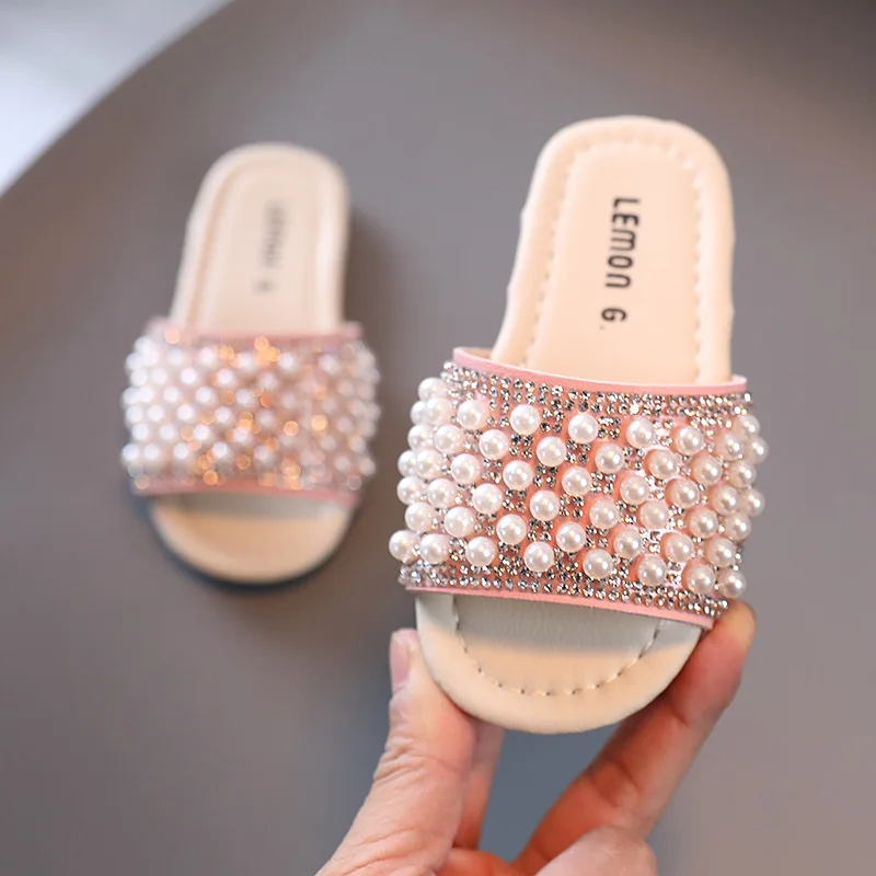 Zapatillas de princesa para ni&ntilde;as, sandalias de verano para ni&ntilde;os, Chanclas de playa para nadar, perlas ostentosas para ni&ntilde;os con zapatillas de ba&ntilde;o, chanclas suaves y elegantes 2021-0