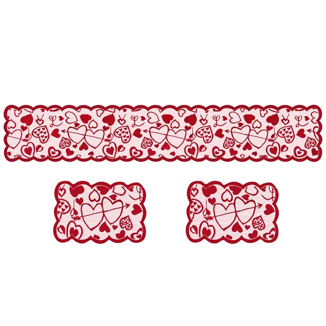 Red Lace Set Tablecloth Placemats Table Runners Dresser Scarf Heart Valentine Ornament Festival Romantic Special Day 3PCS