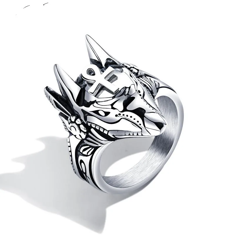 New  Domineer Anubis Egyptian Cross Titanium Steel Ring Game Poster Super Cool Wolf Head Stainless Steel Rings For Man