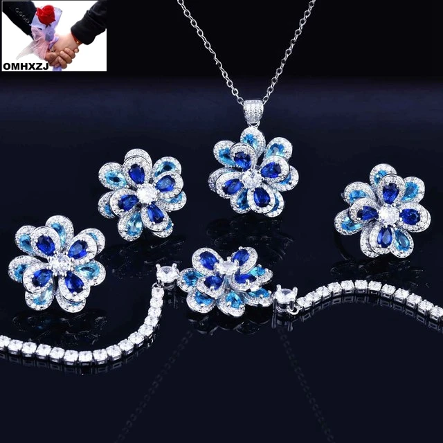 

OMHXZJ EA954 Temperament simple color zircon flowers silver needle stud earrings open ring pendant jewelry set
