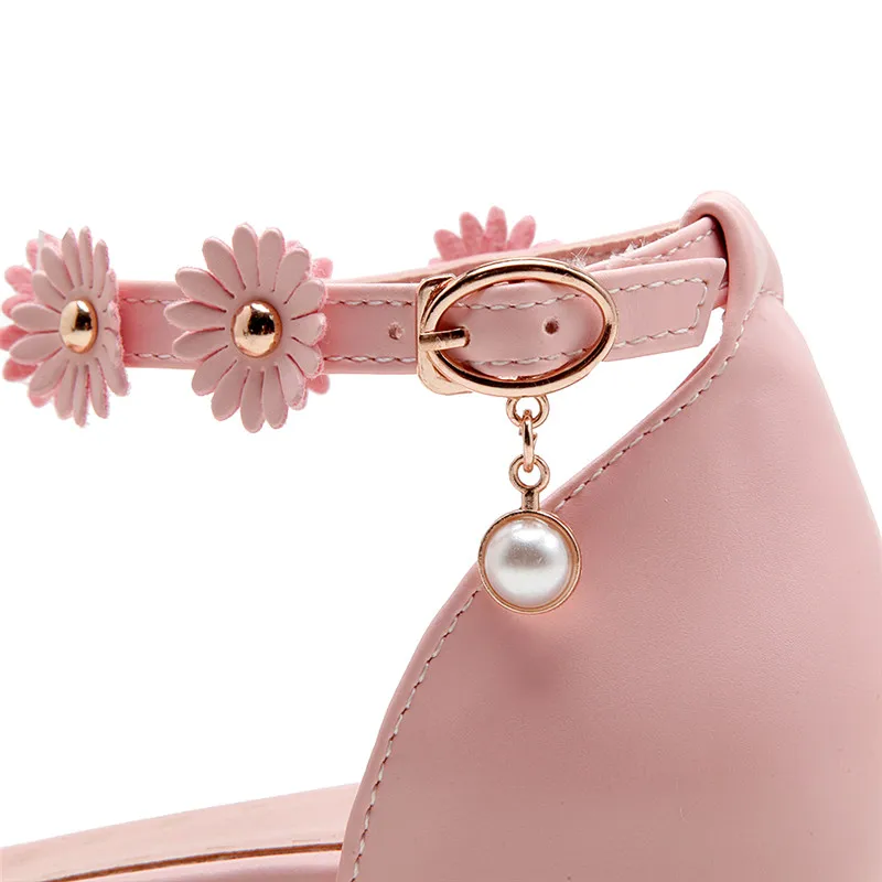 

Ankle Flower Strap Peep Toe Low Heel Sandals for Women Blue Pink Party Beach Cute Lolita Woman Shoes Female Chunky Heels