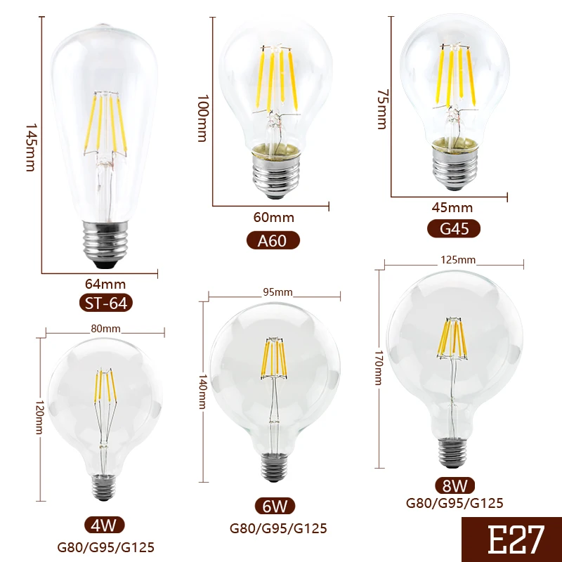 4 шт./лот светодиодные лампы Эдисона E27 G45 A60 C35 E14 G80 G95 G125 в стиле ламп накаливания 220V