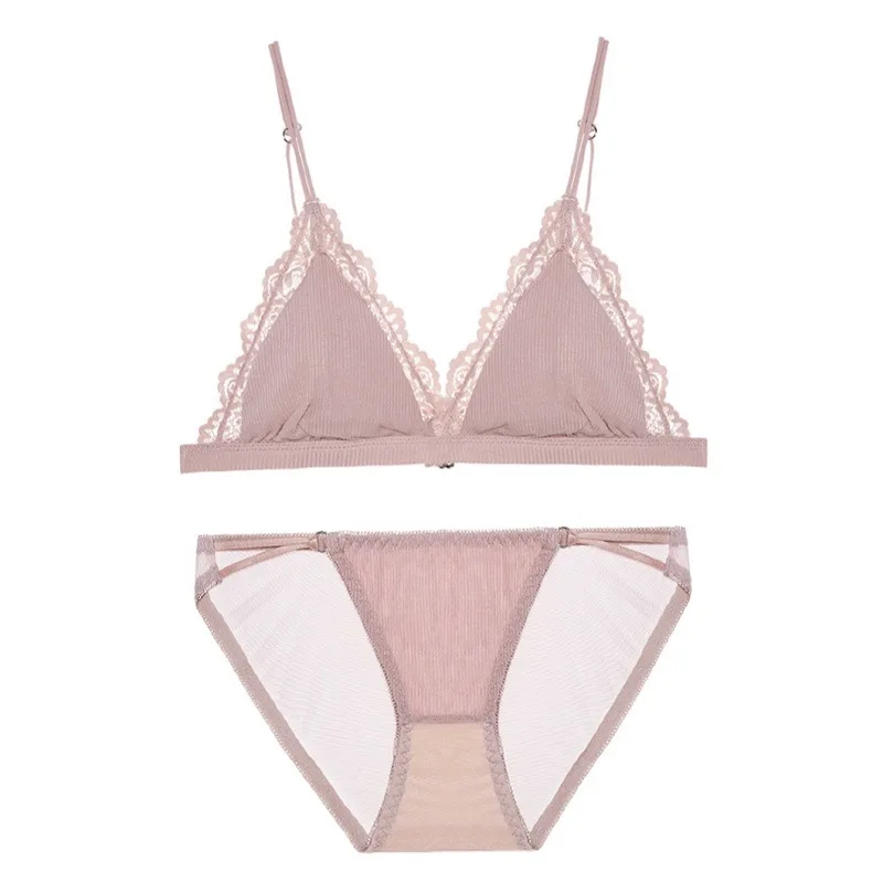 

New Japanese and Korean Underwear Girl Bra Thread Pink Lace Triangle Thin Cup Rims-free Bra Set