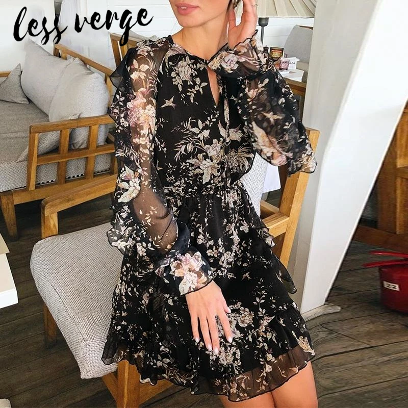 Женское шифоновое платье в стиле бохо черное ТРАПЕЦИЕВИДНОЕ короткое мини с